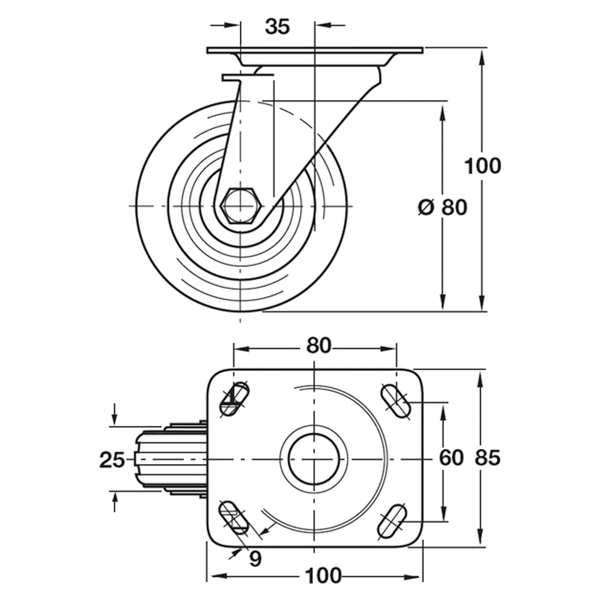 SWIVEL CAST NO BRAKE 50KG D80 ST