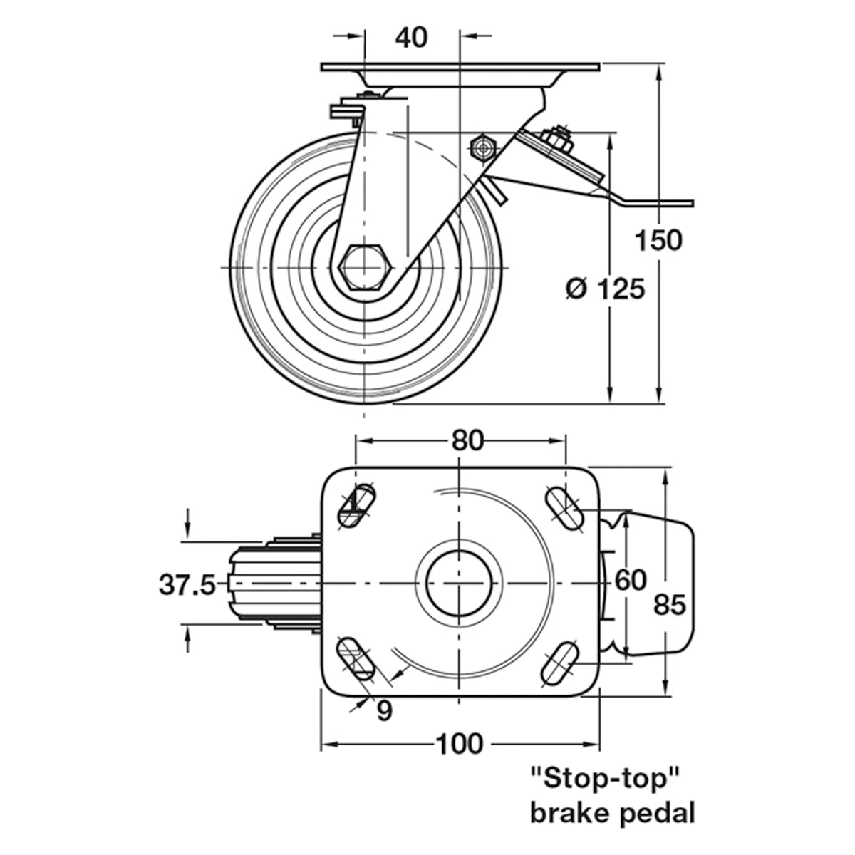 SWIVEL CASTOR BRAKE 100KG D125 ST