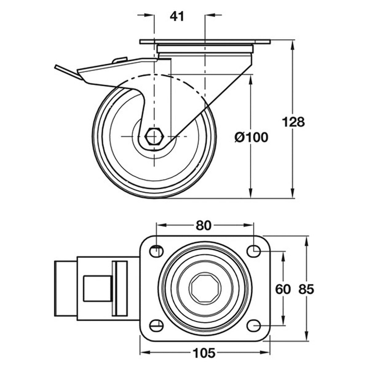 SWIVEL CASTOR 200KG D100 NOBRAKE SS