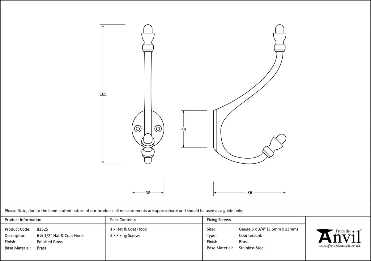 HAT+COAT HOOK 165x38x086 PBR - 83525 by MARCHES (ANVIL) ARCHITECTURAL HARDWARE