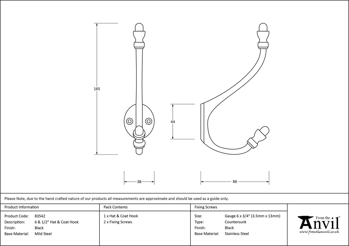 HAT+COAT HOOK 165x38x086 BLK - 83542 by MARCHES (ANVIL) ARCHITECTURAL HARDWARE
