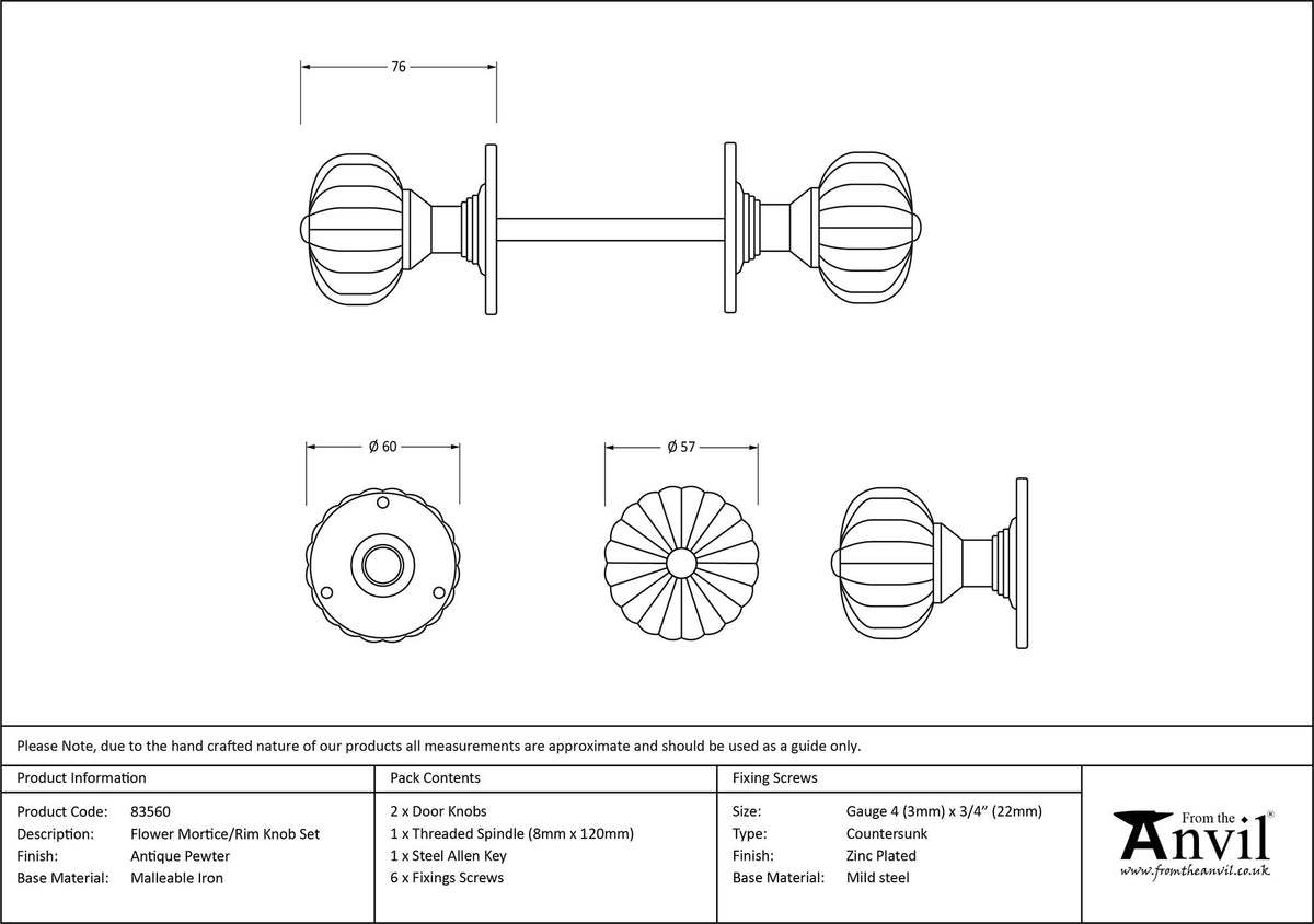 FLOWER MORTICE KNOB 57x76 NSM - 83561 by MARCHES (ANVIL) ARCHITECTURAL HARDWARE