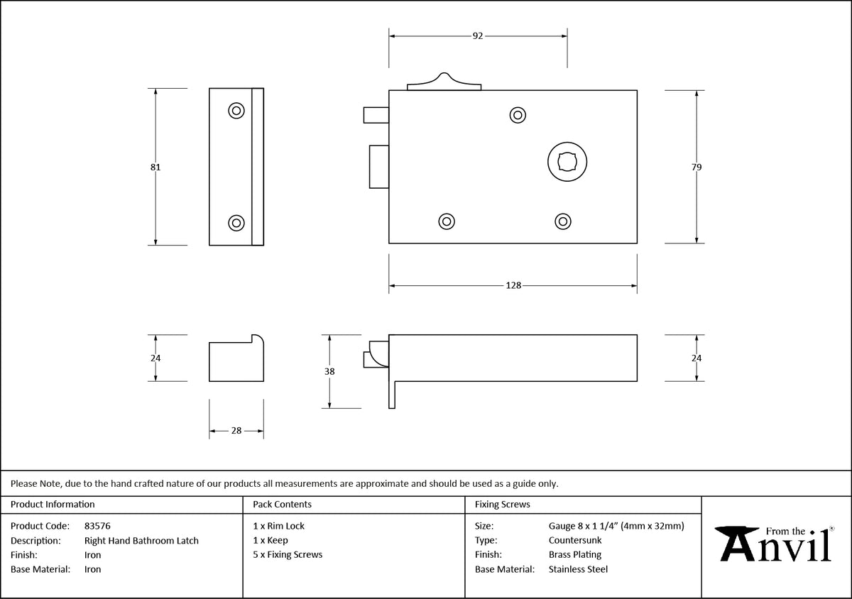 BATHROOM LATCH RH 128x79x22 IRON - 83576 by MARCHES (ANVIL) ARCHITECTURAL HARDWARE