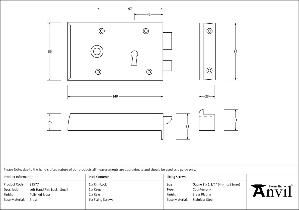 RIM LOCK SMALL LH 140x86x25 PBR - 83577 by MARCHES (ANVIL) ARCHITECTURAL HARDWARE