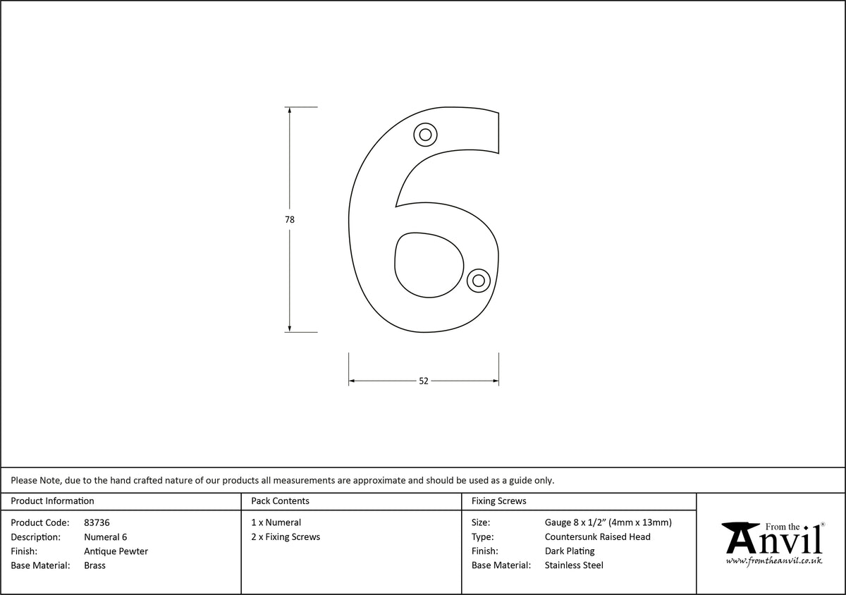 NUMERAL 6 78x52x8 APW - 83736 by MARCHES (ANVIL) ARCHITECTURAL HARDWARE