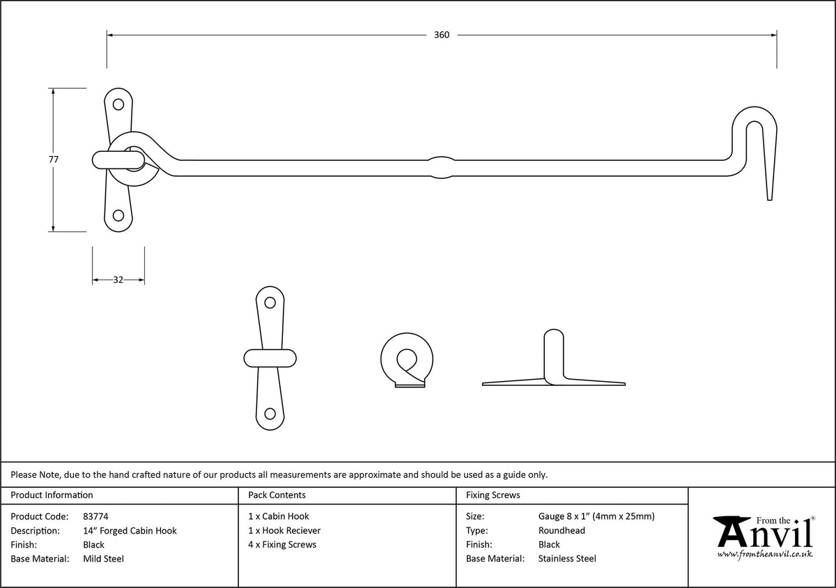 CABIN HOOK FORGED 367x77x17 BLK - 83774 by MARCHES (ANVIL) ARCHITECTURAL HARDWARE