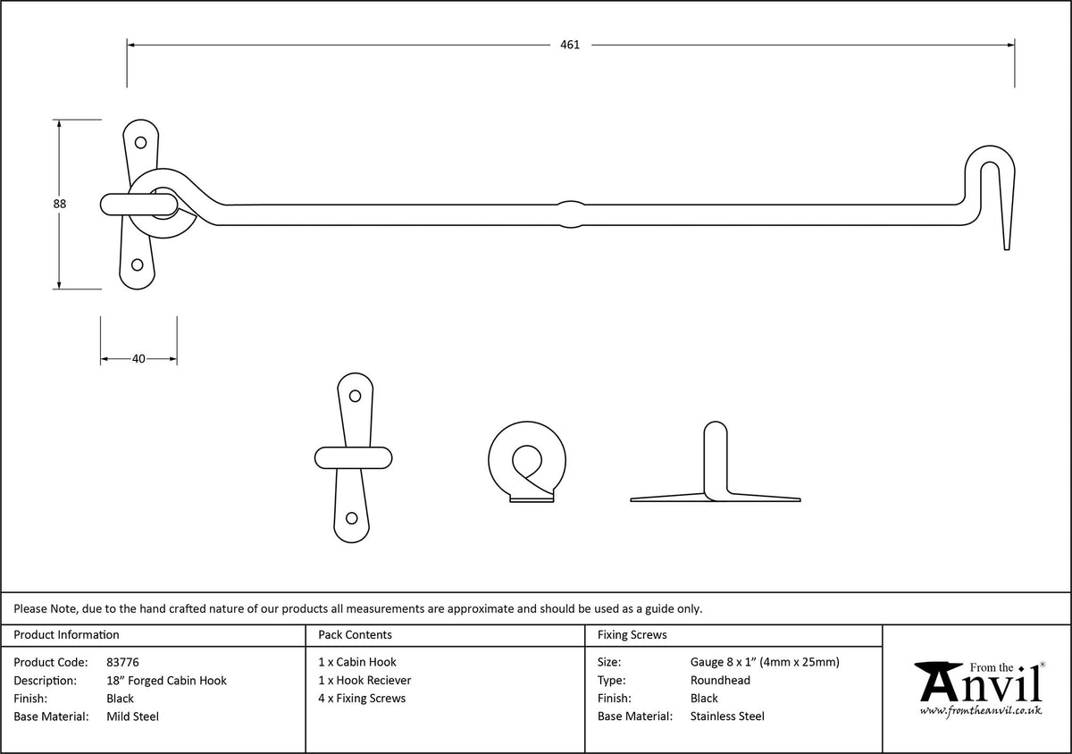 CABIN HOOK FORGED 461x87x20 BLK - 83776 by MARCHES (ANVIL) ARCHITECTURAL HARDWARE
