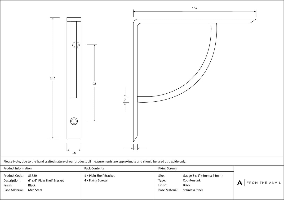 SHELF BRACKET PLAIN 155x18x250 BLK - 83780 by MARCHES (ANVIL) ARCHITECTURAL HARDWARE