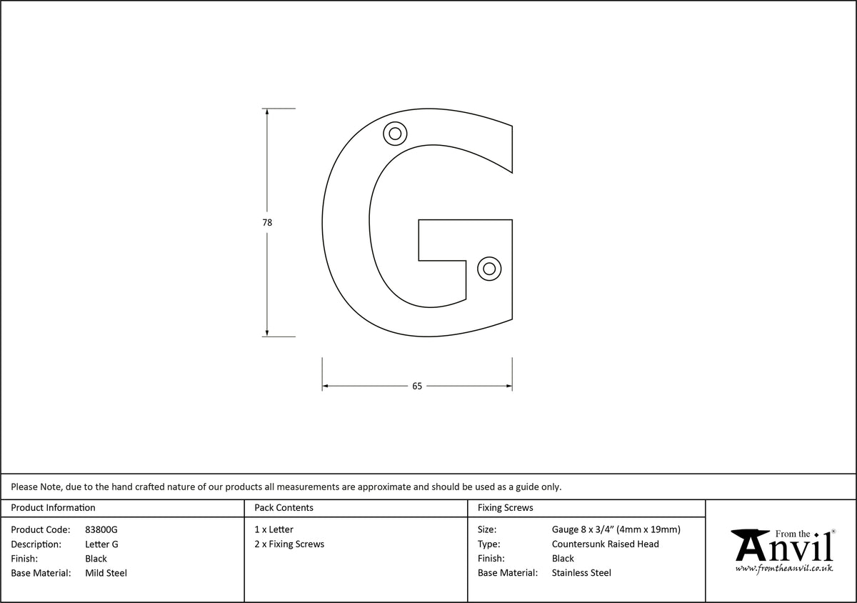 LETTER G 78x65x8 BLK - 83800G by MARCHES (ANVIL) ARCHITECTURAL HARDWARE