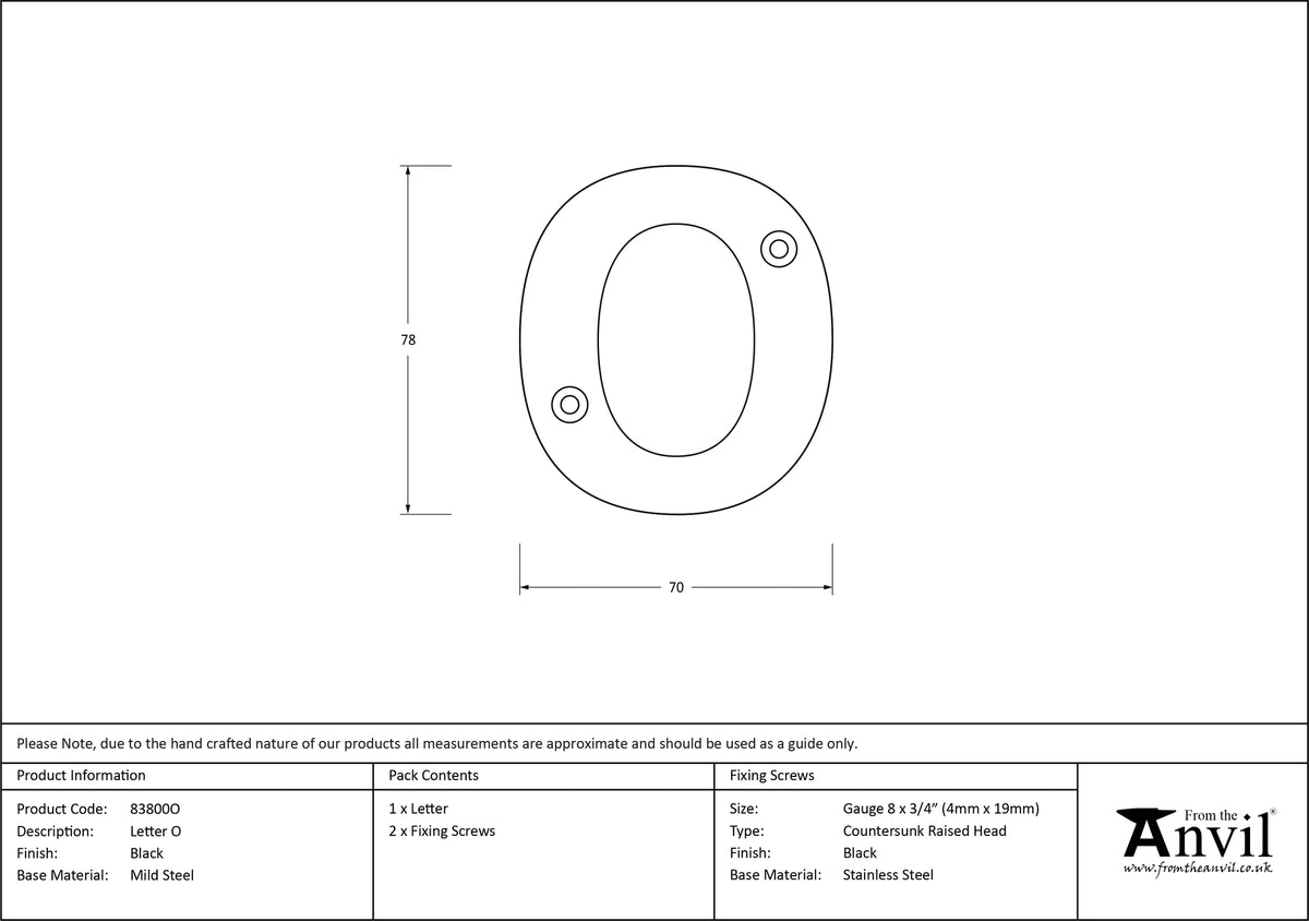 LETTER O 78x70x8 BLK - 83800O by MARCHES (ANVIL) ARCHITECTURAL HARDWARE