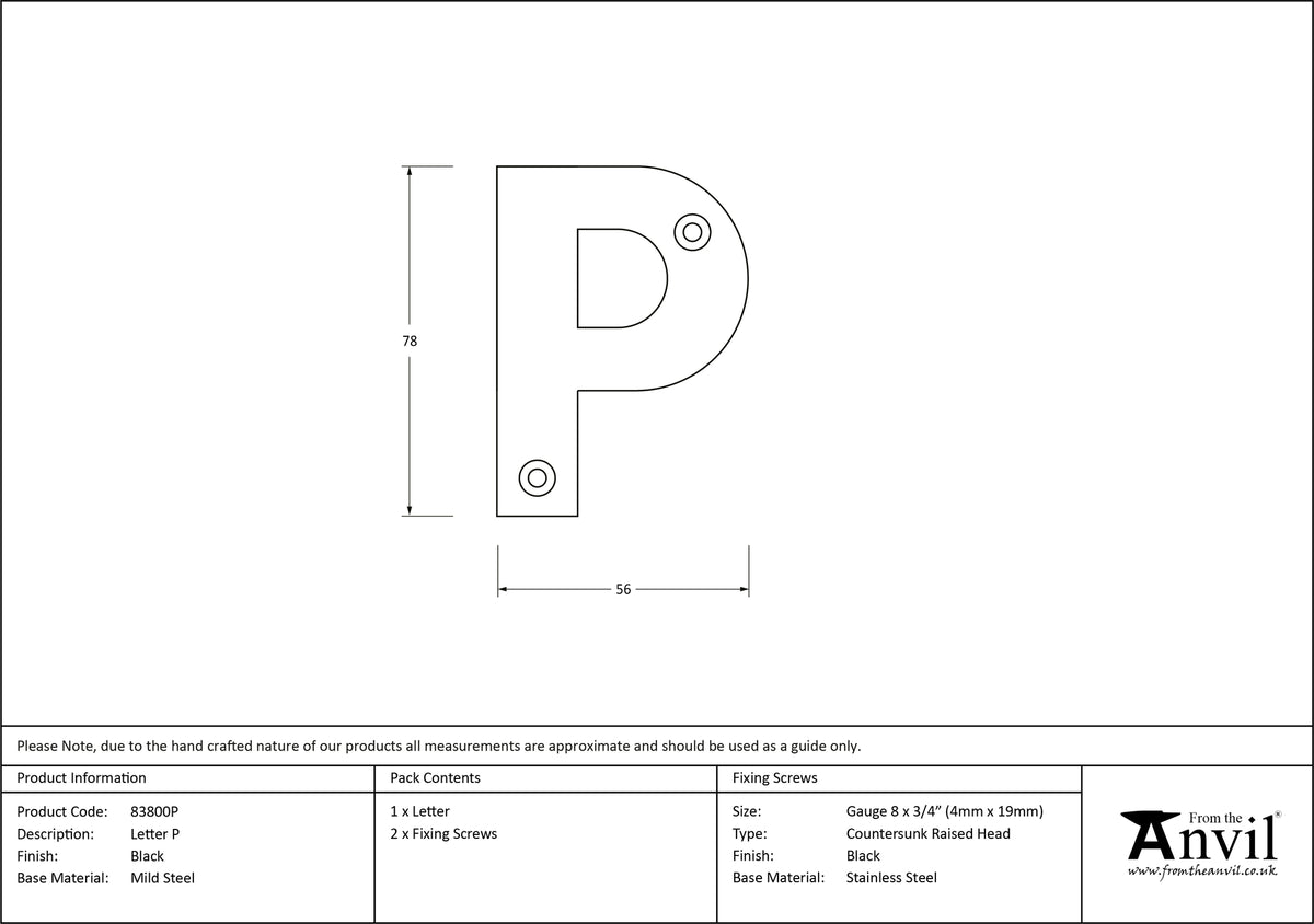 LETTER P 78x56x8 BLK - 83800P by MARCHES (ANVIL) ARCHITECTURAL HARDWARE