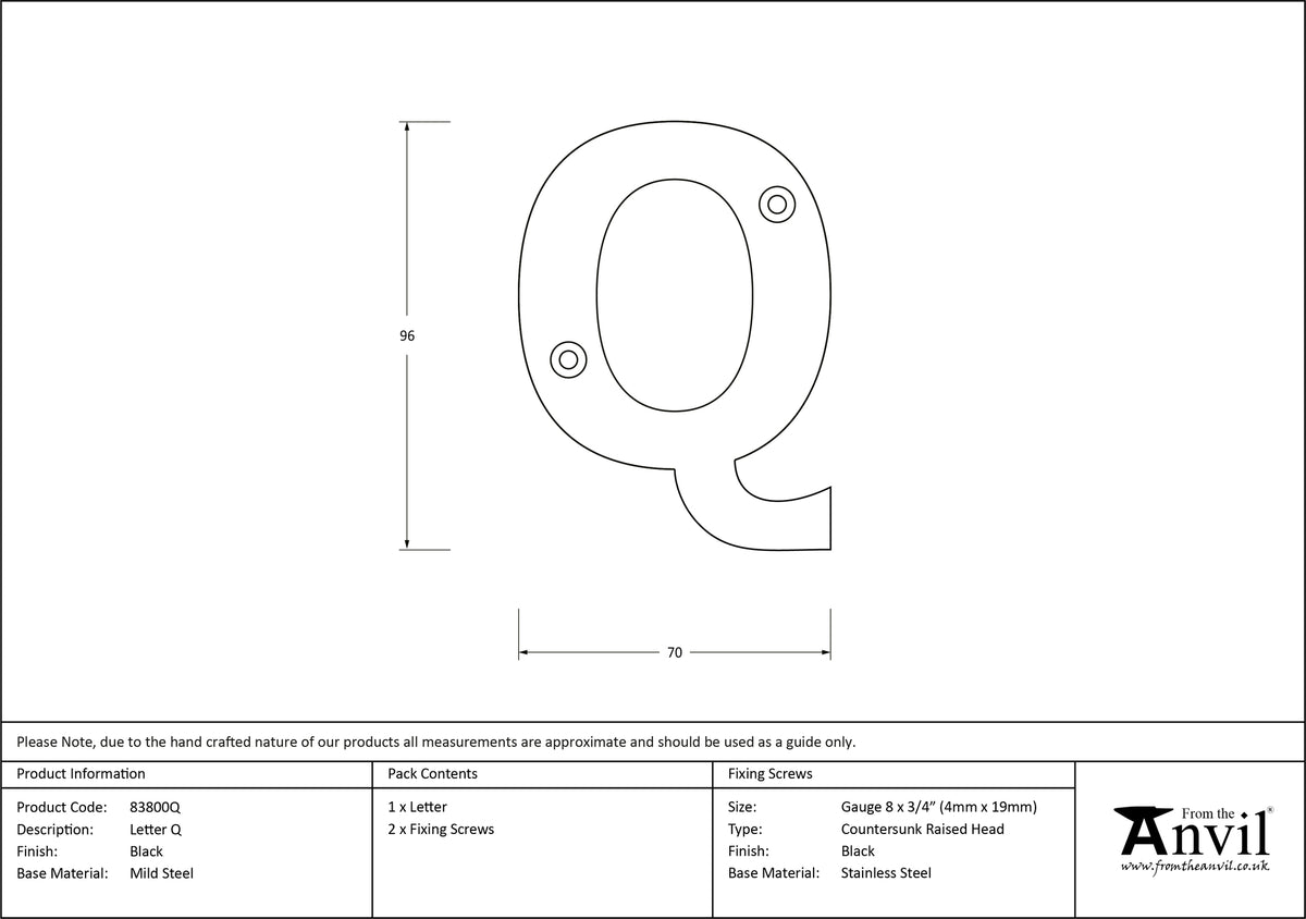 LETTER Q 96x70x8 BLK - 83800Q by MARCHES (ANVIL) ARCHITECTURAL HARDWARE