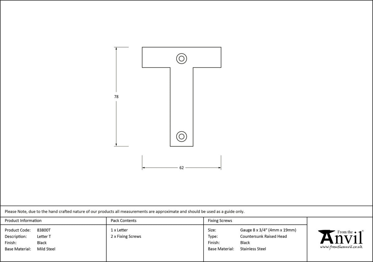 LETTER T 78x62x8 BLK - 83800T by MARCHES (ANVIL) ARCHITECTURAL HARDWARE