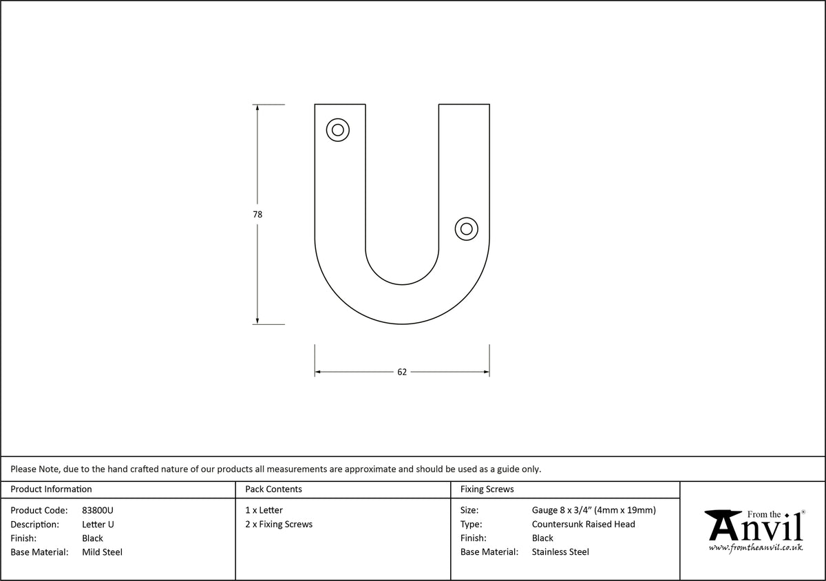 LETTER U 78x62x8 BLK - 83800U by MARCHES (ANVIL) ARCHITECTURAL HARDWARE