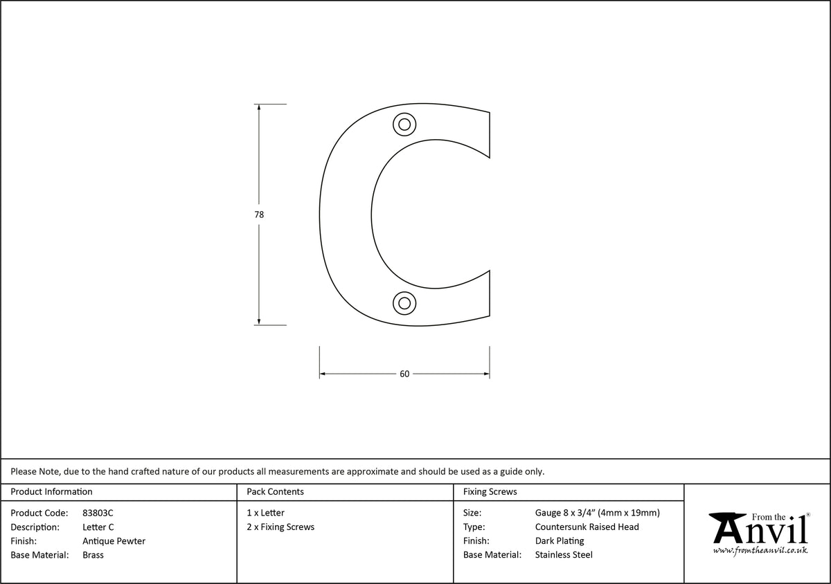 LETTER C 78x60x8 APW - 83803C by MARCHES (ANVIL) ARCHITECTURAL HARDWARE