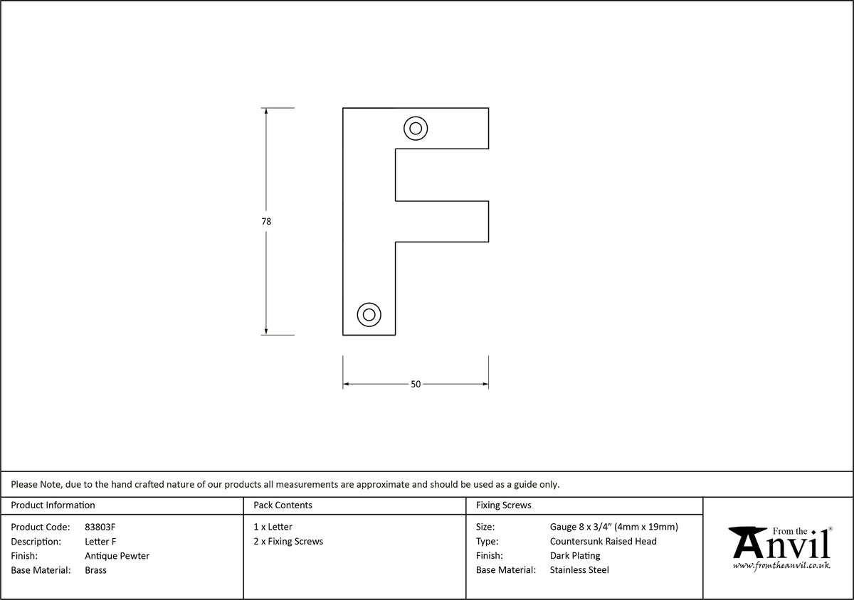LETTER F 78x50x8 APW - 83803F by MARCHES (ANVIL) ARCHITECTURAL HARDWARE