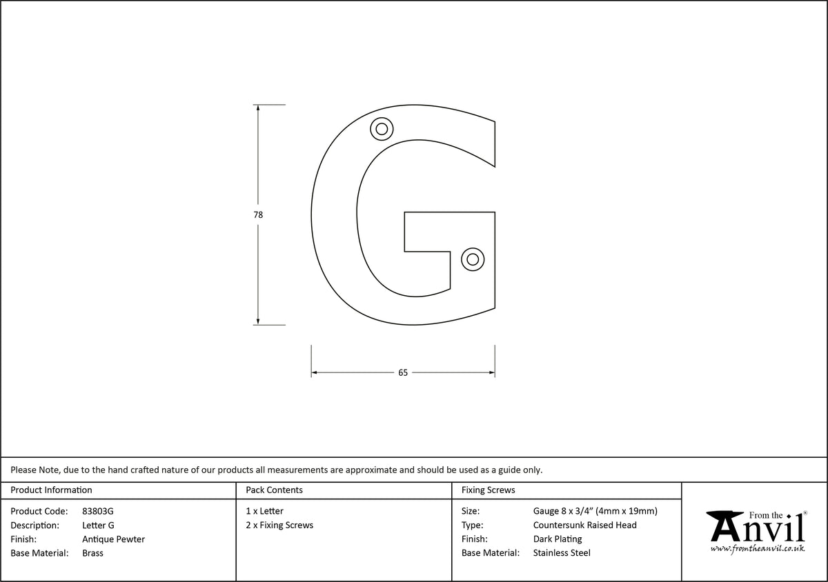 LETTER G 78x65x8 APW - 83803G by MARCHES (ANVIL) ARCHITECTURAL HARDWARE