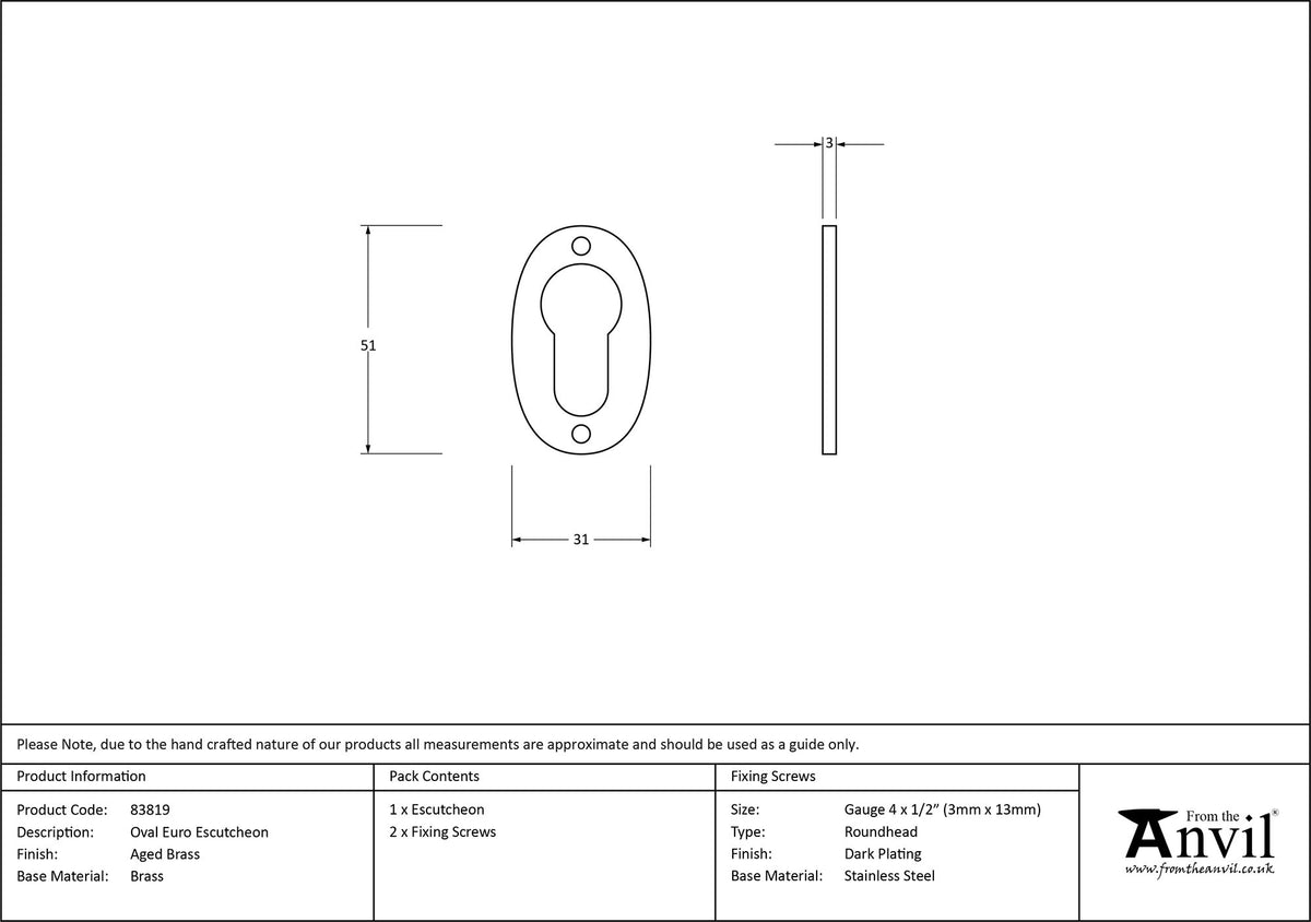 ESCUTCHEON EURO OVAL 51x31x2.5 AGBR - 83819 by MARCHES (ANVIL) ARCHITECTURAL HARDWARE