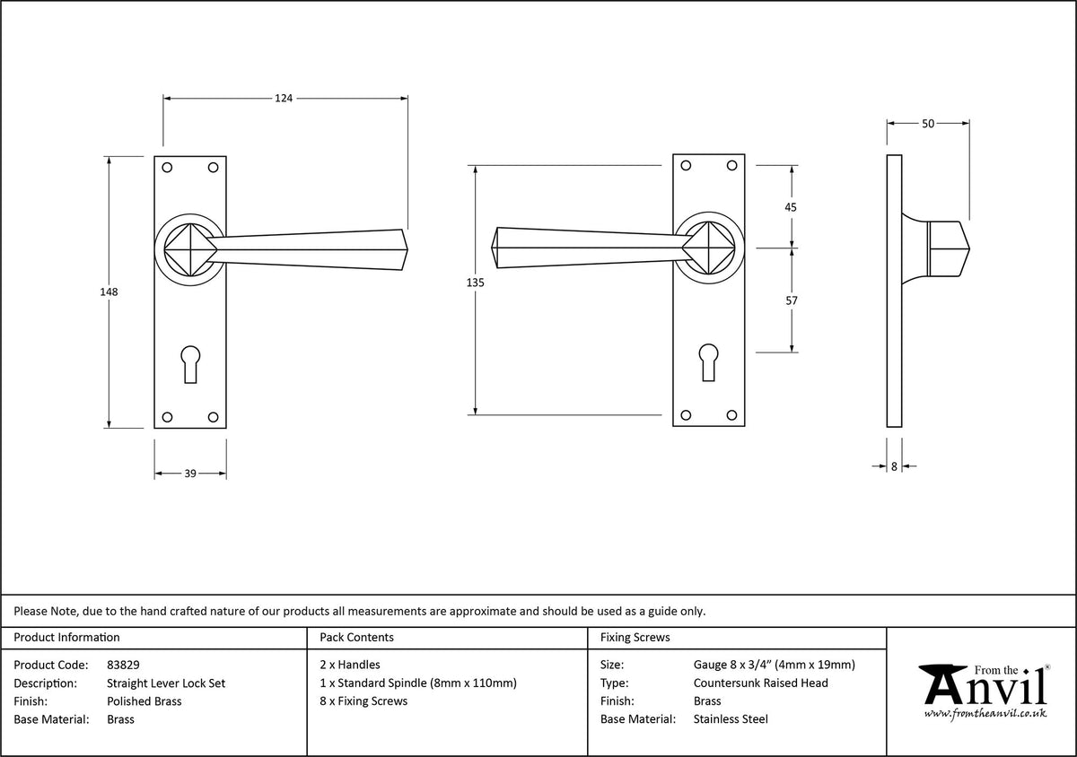STRAIGHT LEVER HANDLE LOCK 124x148x50 PBR - 83829 by MARCHES (ANVIL) ARCHITECTURAL HARDWARE