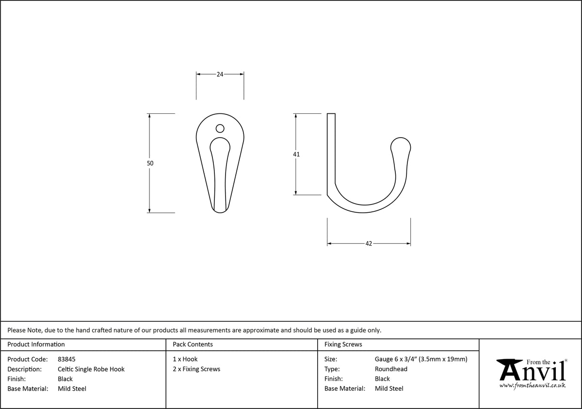 CELTIC ROBE HOOK SINGLE 50x24x42 BLK - 83845 by MARCHES (ANVIL) ARCHITECTURAL HARDWARE