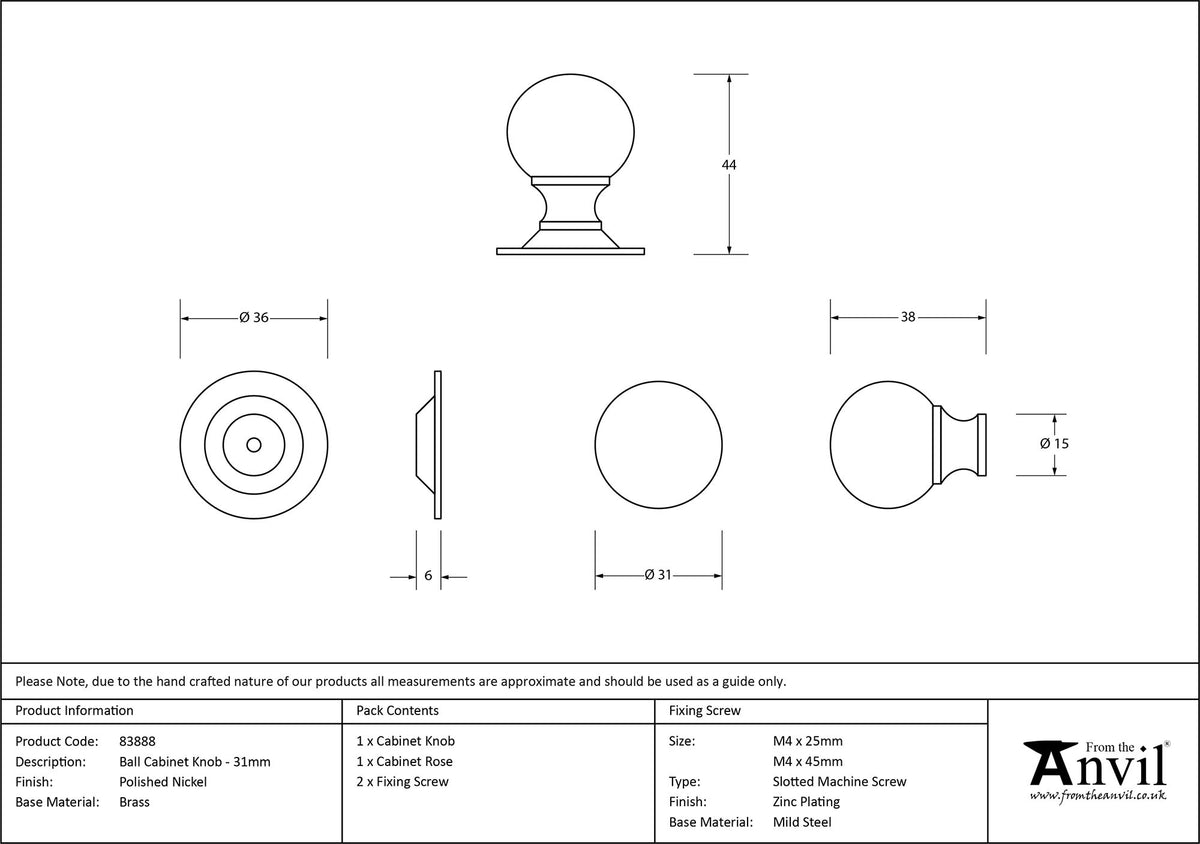 BALL CABINET KNOB 31x44 PNP - 83888 by MARCHES (ANVIL) ARCHITECTURAL HARDWARE