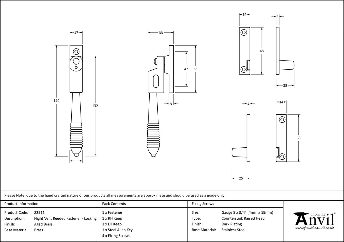 REEDED NIGHT-VENT LOCKING FASTENER 149x17x33 AGBR - 83911 by MARCHES (ANVIL) ARCHITECTURAL HARDWARE