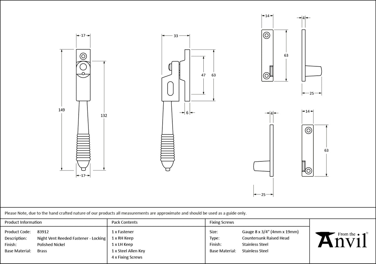 REEDED NIGHT-VENT LOCKING FASTENER 149x17x33 PNP - 83912 by MARCHES (ANVIL) ARCHITECTURAL HARDWARE