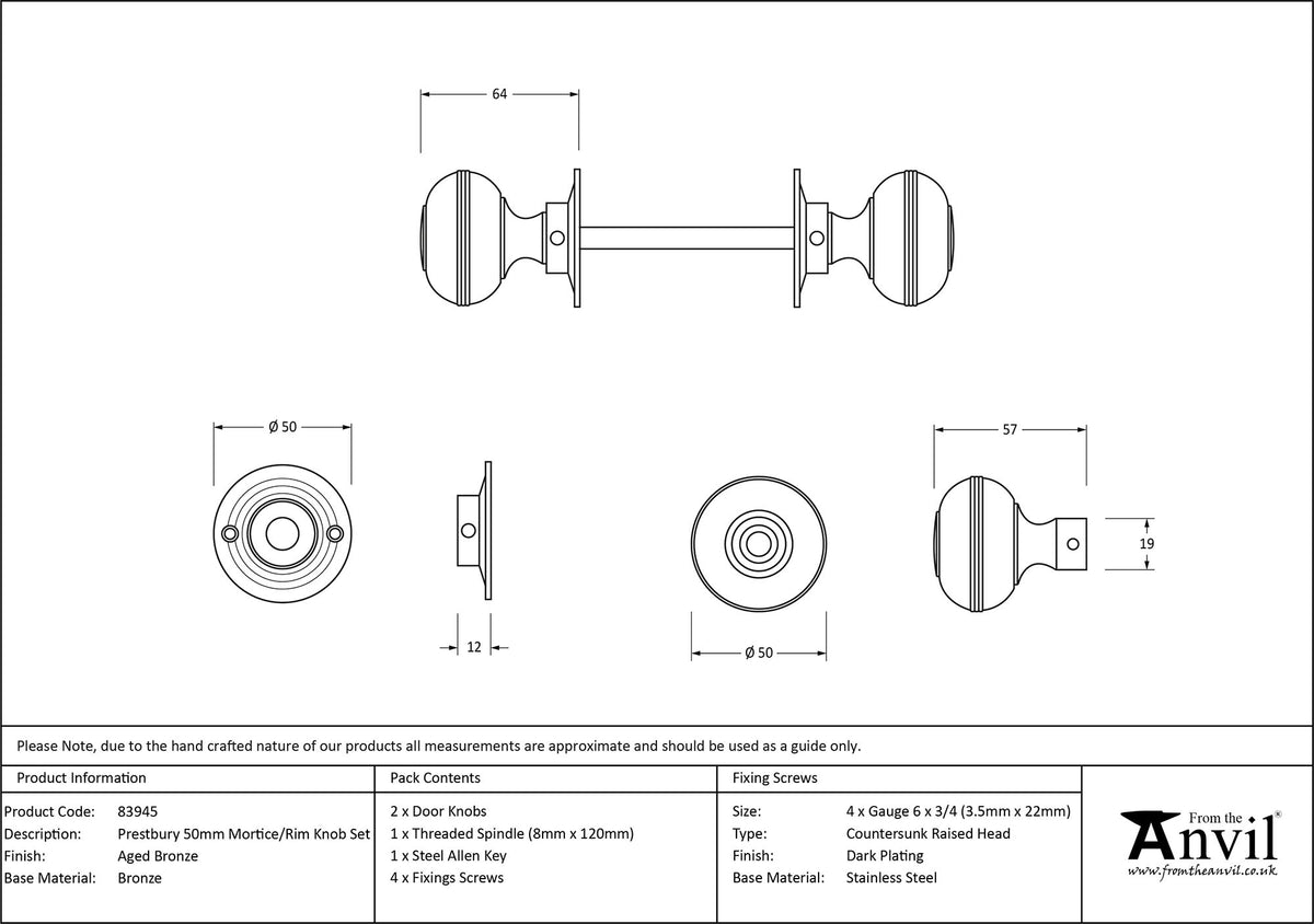 PRESTBURY MORTICE/RIM KNOB 50x64x50 AGBZ - 83945 by MARCHES (ANVIL) ARCHITECTURAL HARDWARE
