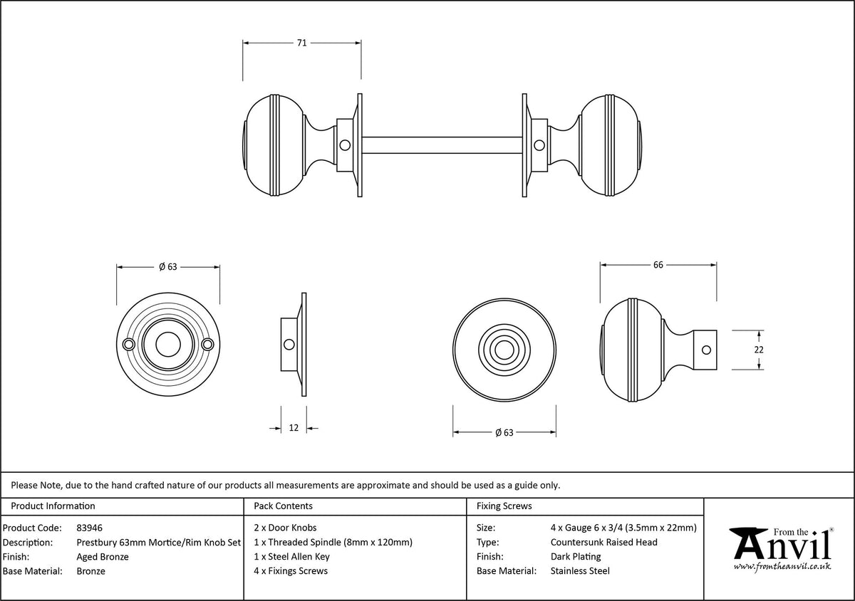 PRESTBURY MORTICE/RIM KNOB 63x71x63 AGBZ - 83946 by MARCHES (ANVIL) ARCHITECTURAL HARDWARE