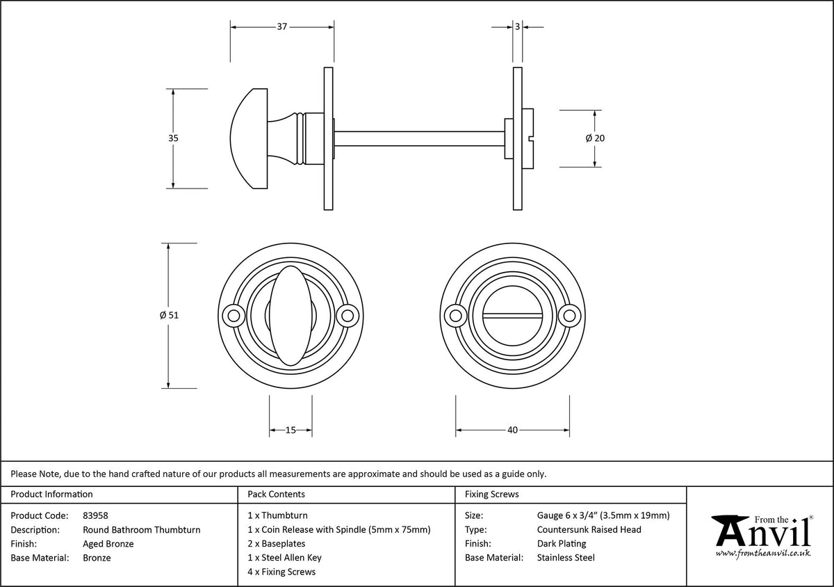 THUMBTURN SET RND 51x37 AGBZ - 83958 by MARCHES (ANVIL) ARCHITECTURAL HARDWARE