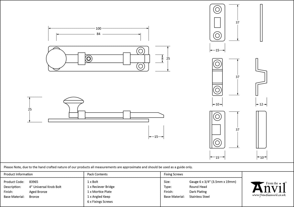 UNIVERSAL KNOB BOLT 100x25x25 AGBZ - 83965 by MARCHES (ANVIL) ARCHITECTURAL HARDWARE