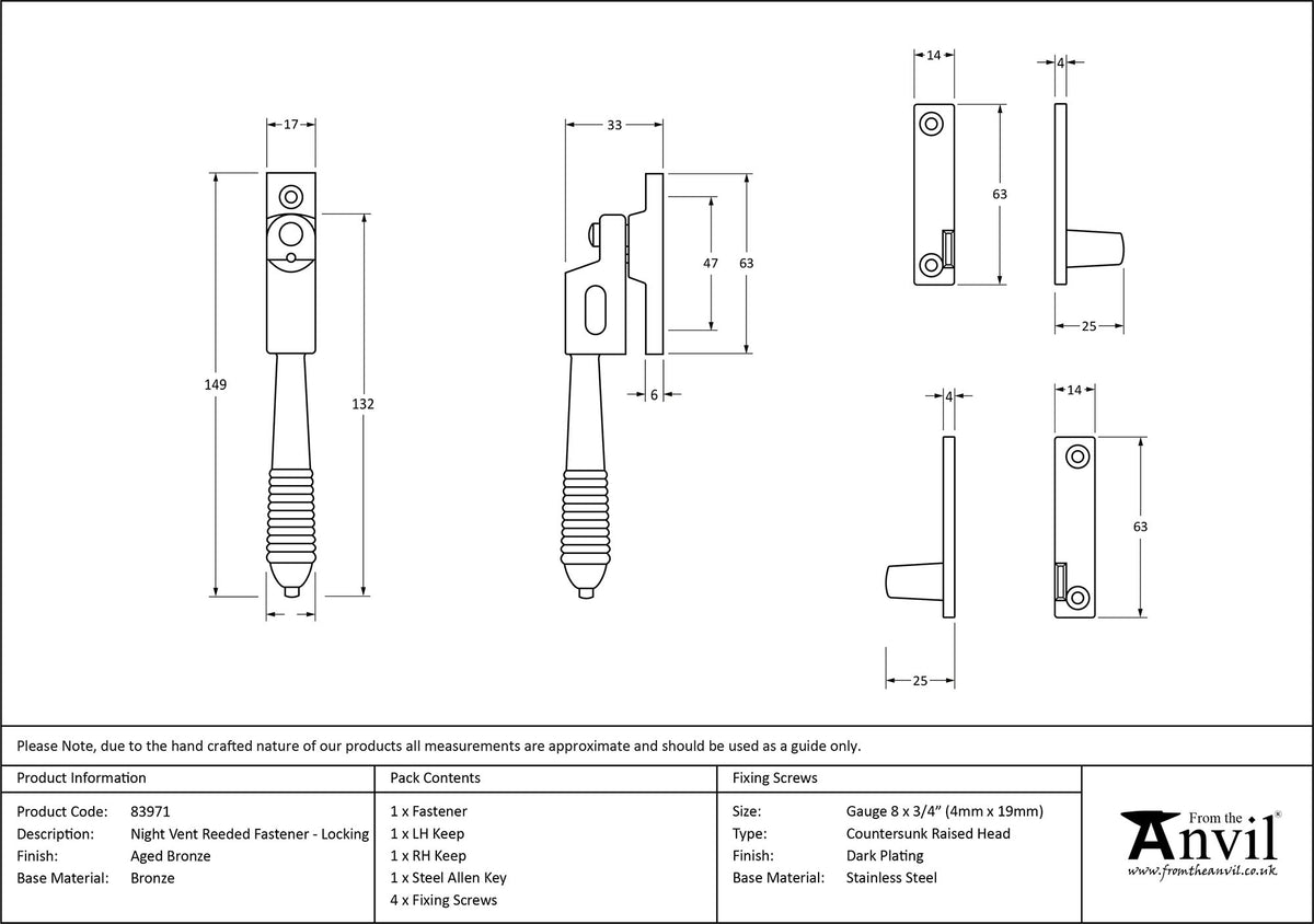 REEDED NIGHT-VENT LOCKING FASTENER 149x17x33 AGBZ - 83971 by MARCHES (ANVIL) ARCHITECTURAL HARDWARE