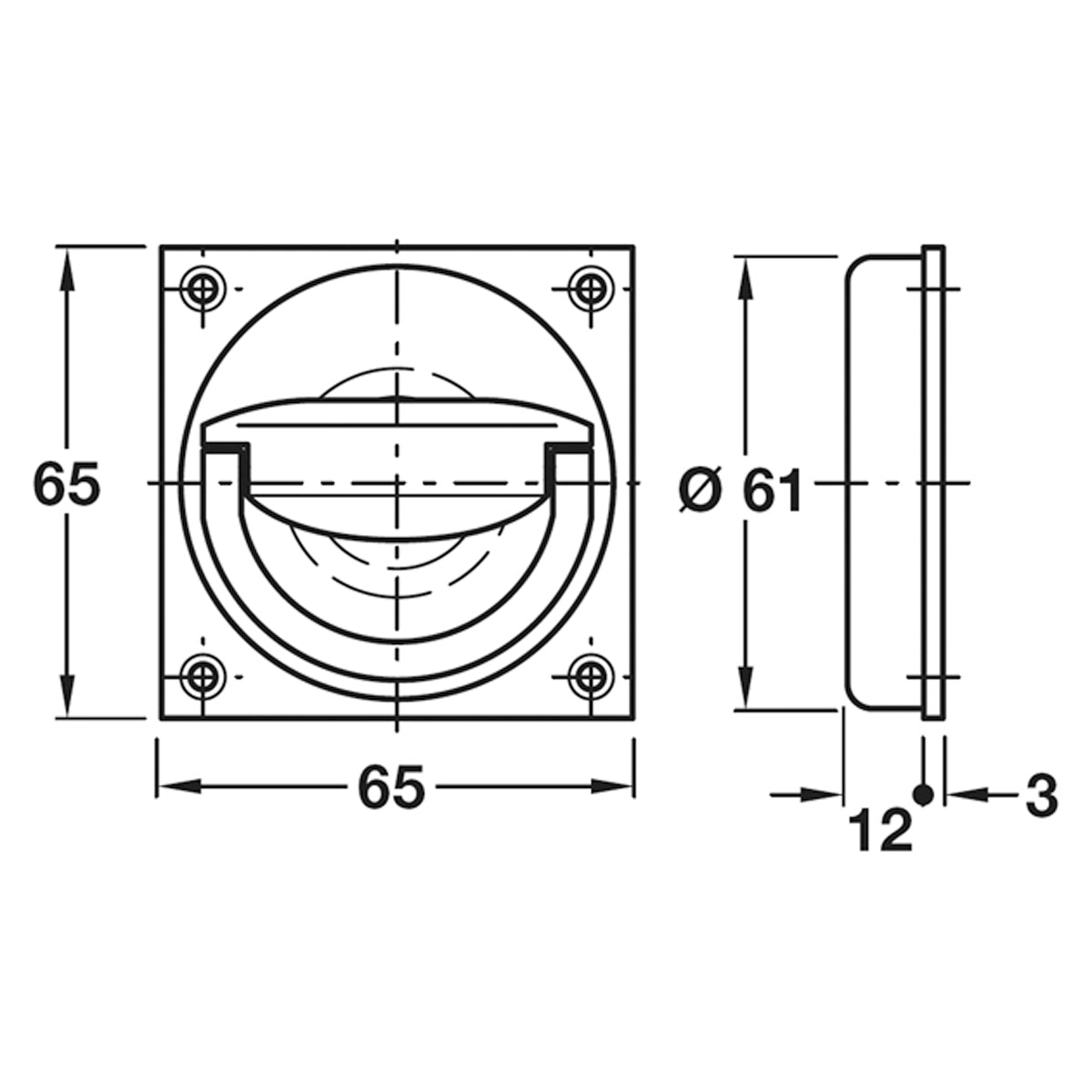 FLUSH RING HANDLE 65x65x15 BRS/SNP