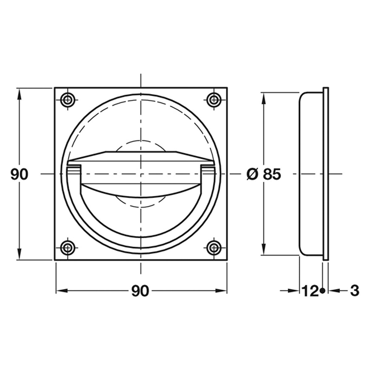 FLUSH RING PULL HANDLE 90x90 BR/POL