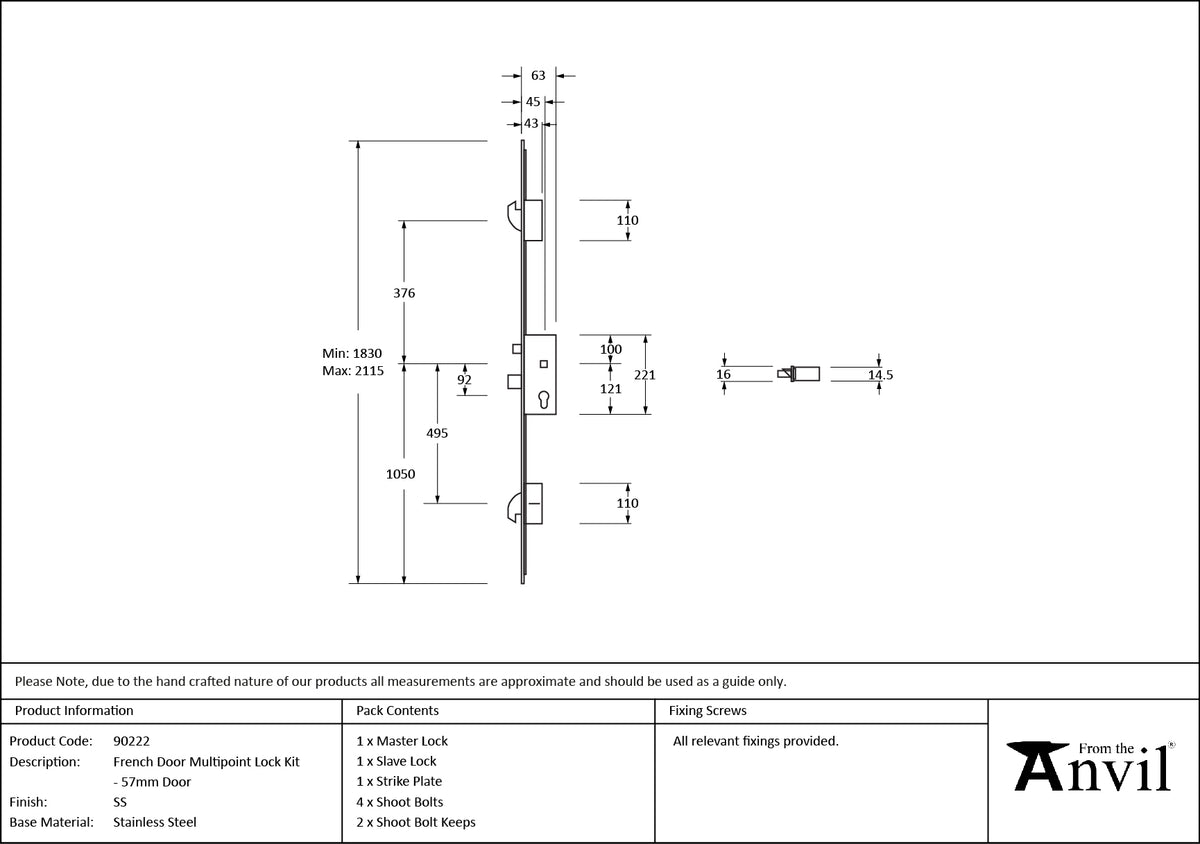 FRENCH DOOR MULTI LOCK KIT 57 1830x2115 SSS - 90222 by MARCHES (ANVIL) ARCHITECTURAL HARDWARE