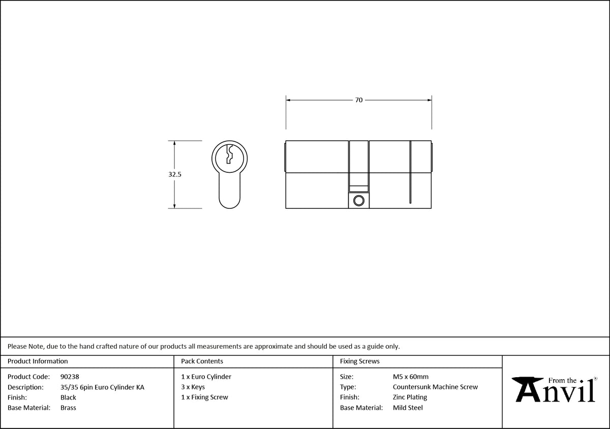 6PIN EURO CYLINDER ALIKE 35/35 BLK - 90238 by MARCHES (ANVIL) ARCHITECTURAL HARDWARE