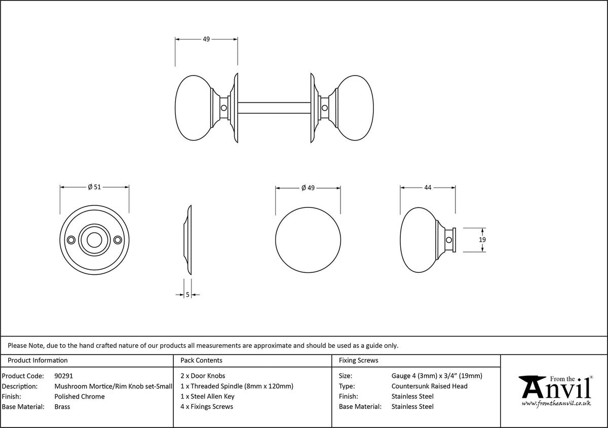 MUSHROOM MORTICE/RIM KNOB 49x44x51 PCP - 90291 by MARCHES (ANVIL) ARCHITECTURAL HARDWARE
