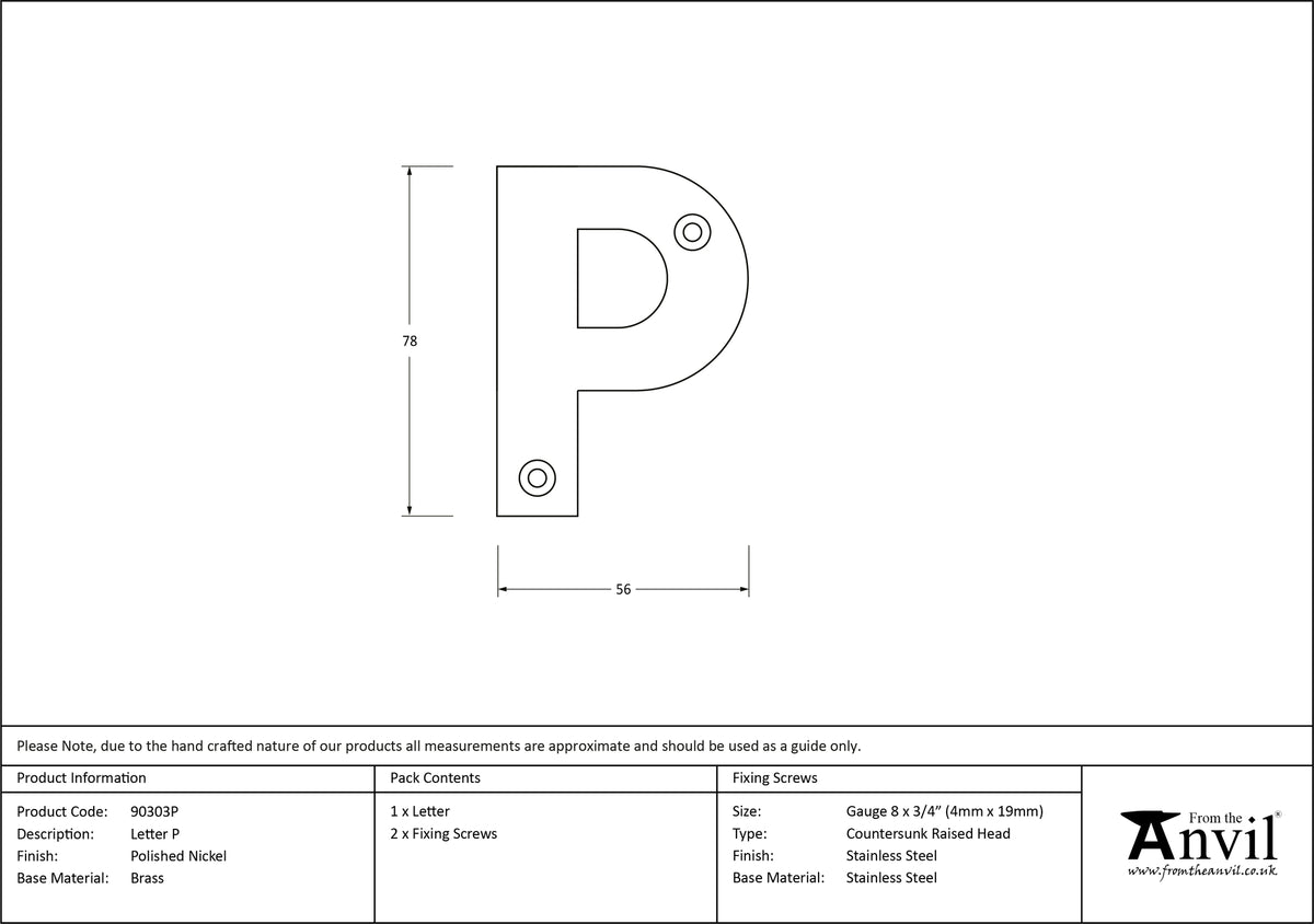 LETTER P 78x56x8 PNP - 90303P by MARCHES (ANVIL) ARCHITECTURAL HARDWARE