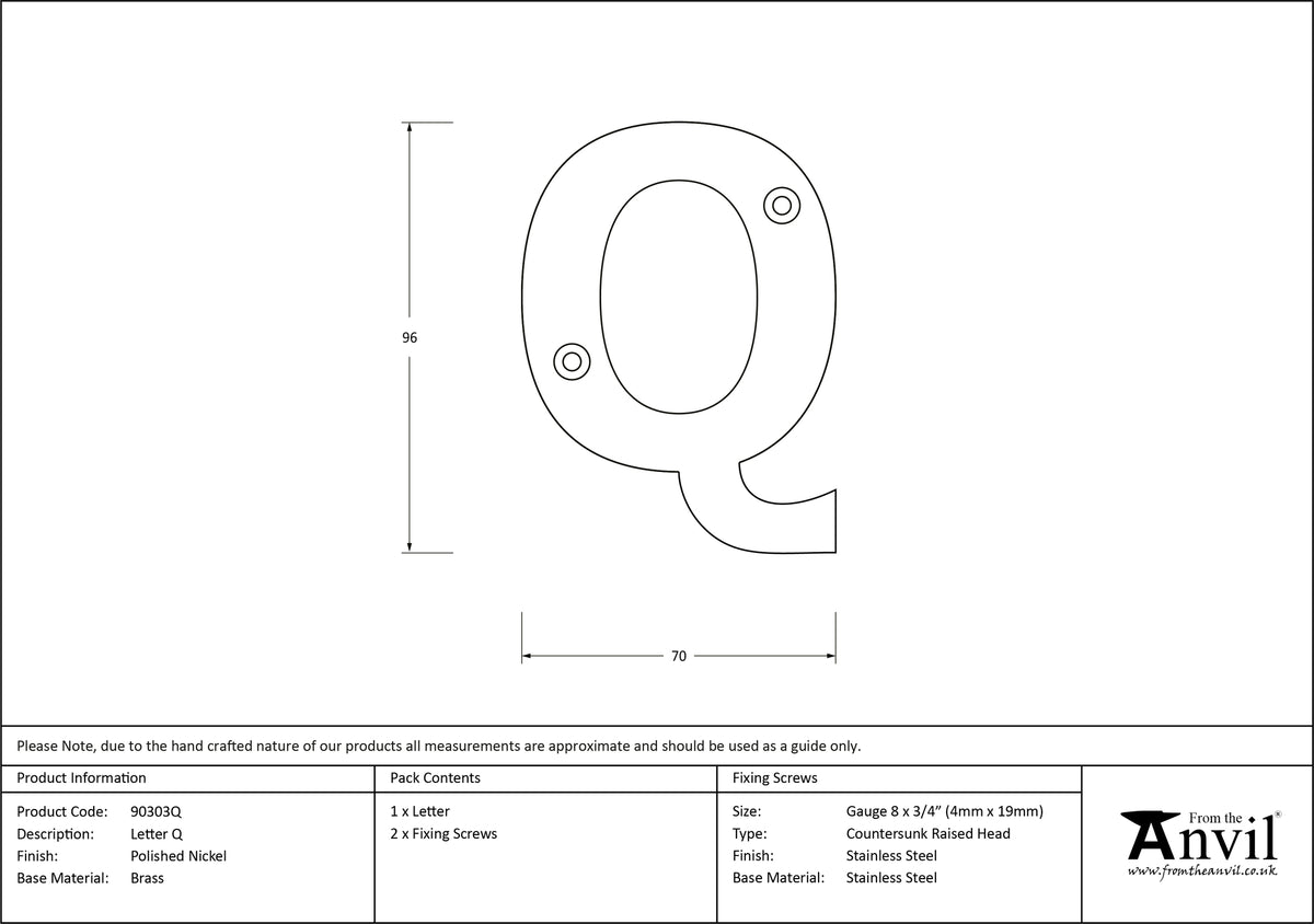 LETTER Q 96x70x8 PNP - 90303Q by MARCHES (ANVIL) ARCHITECTURAL HARDWARE