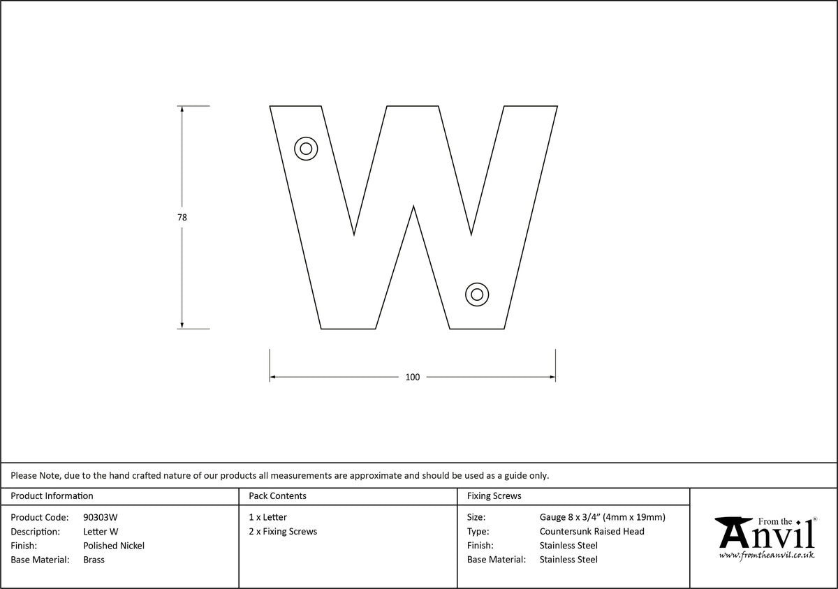LETTER W 78x100x8 PNP - 90303W by MARCHES (ANVIL) ARCHITECTURAL HARDWARE