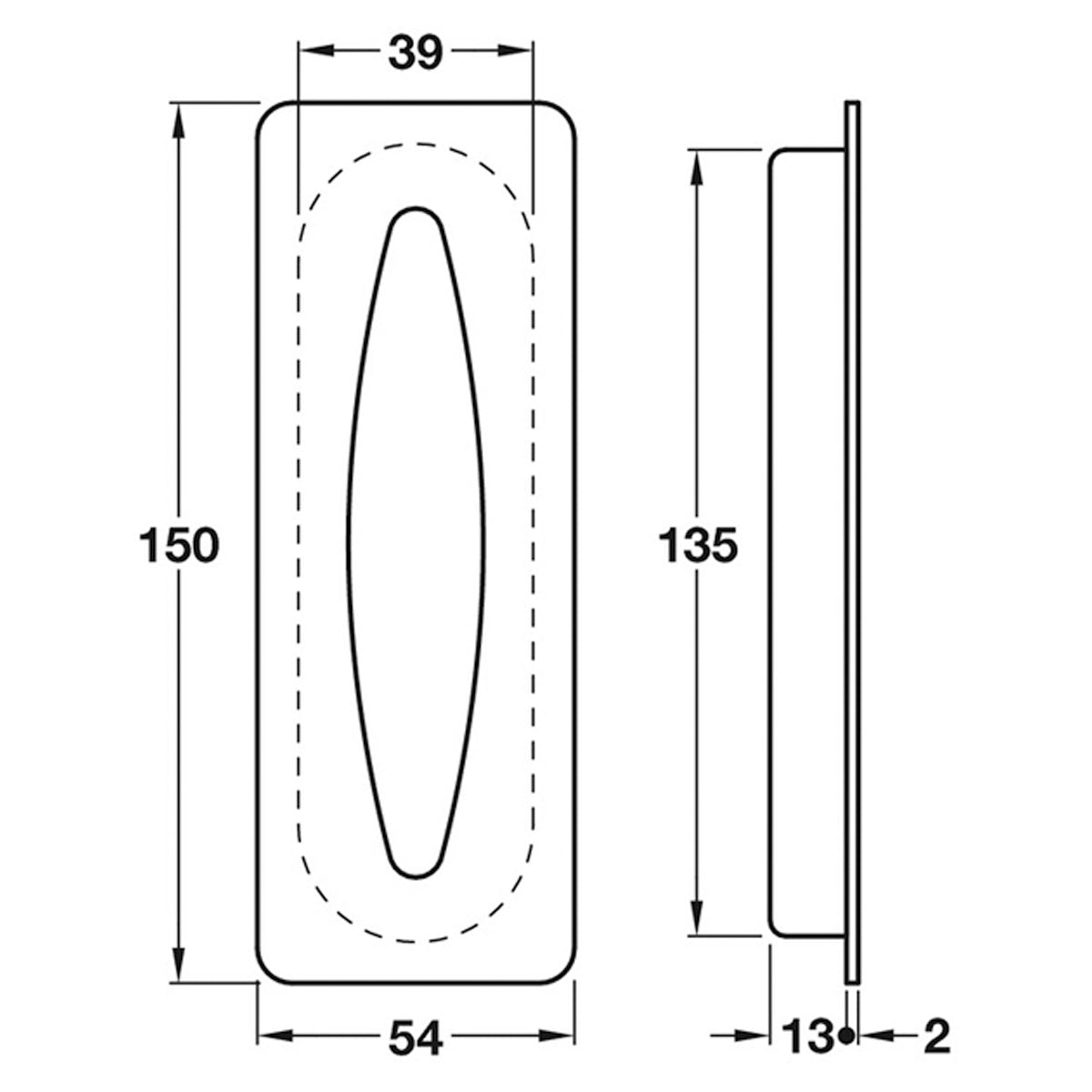 FLUSH PULL HANDLE GLU 150x54x15 SSS