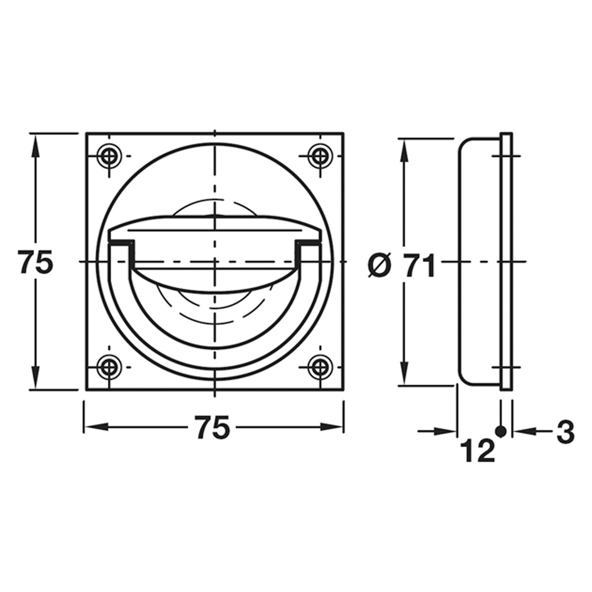 FLUSH RING HANDLE 75x75x15 BRS/SNP
