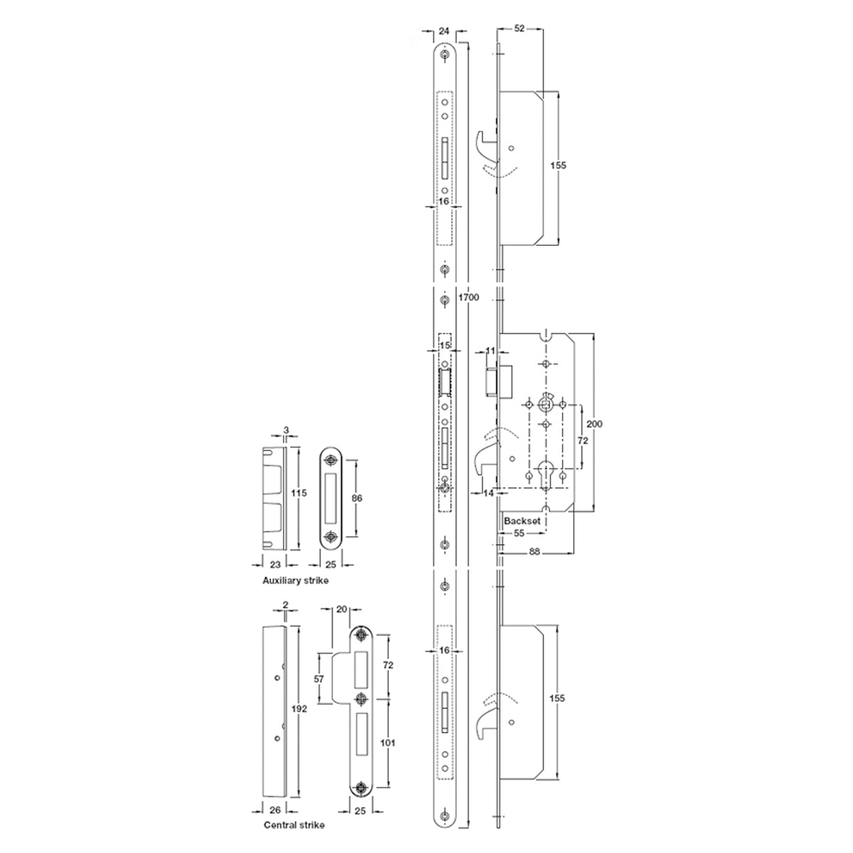 MORTICE CYLINDER 3 POINT LOCK ST/ZP