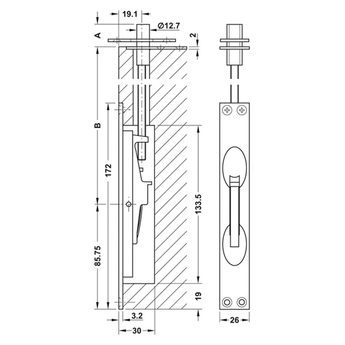 LEVER ACTION FLUSH BOLT 25x172 PBR