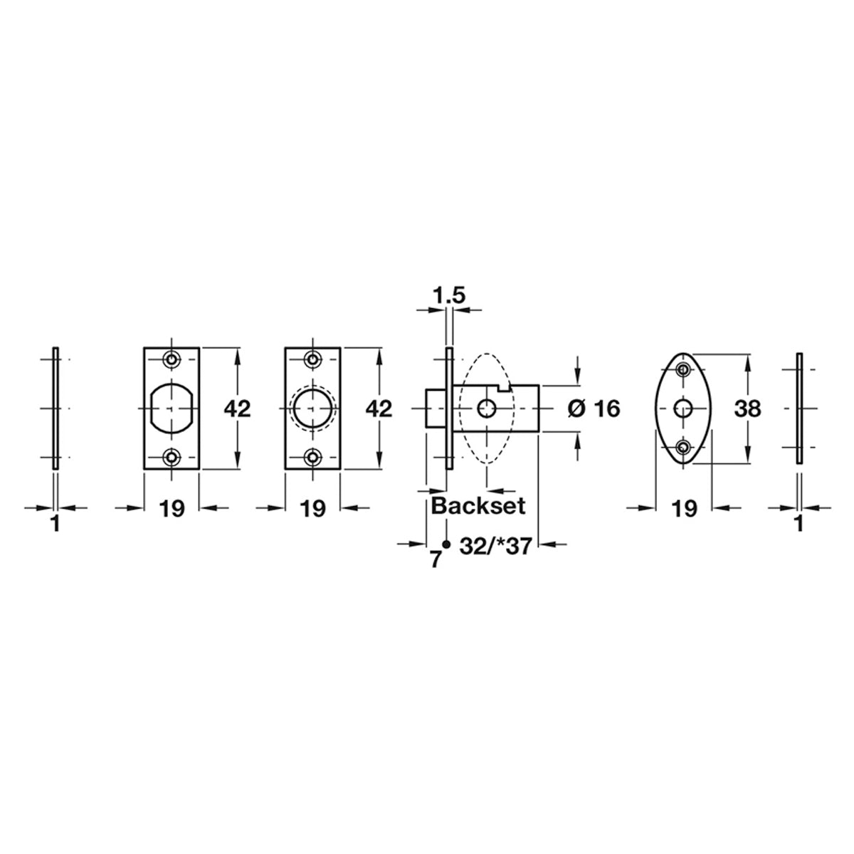 MORTICE WIND SECBOLT 19x42 BRS/POL