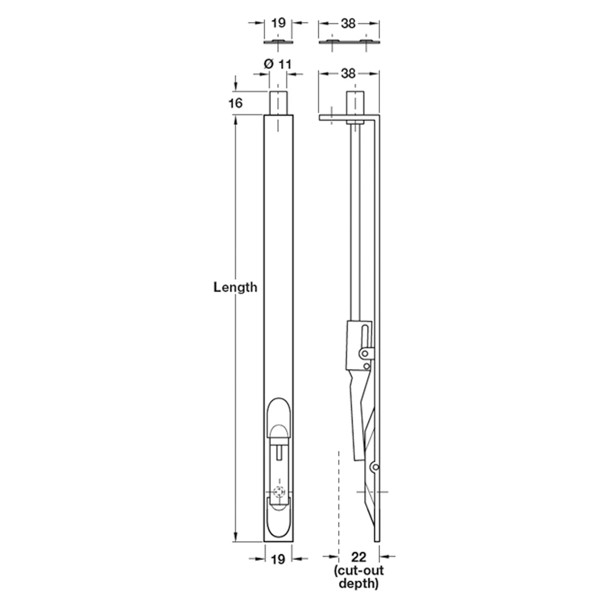 LEVER ACTION FLUSH BOLT 19x762 PBR