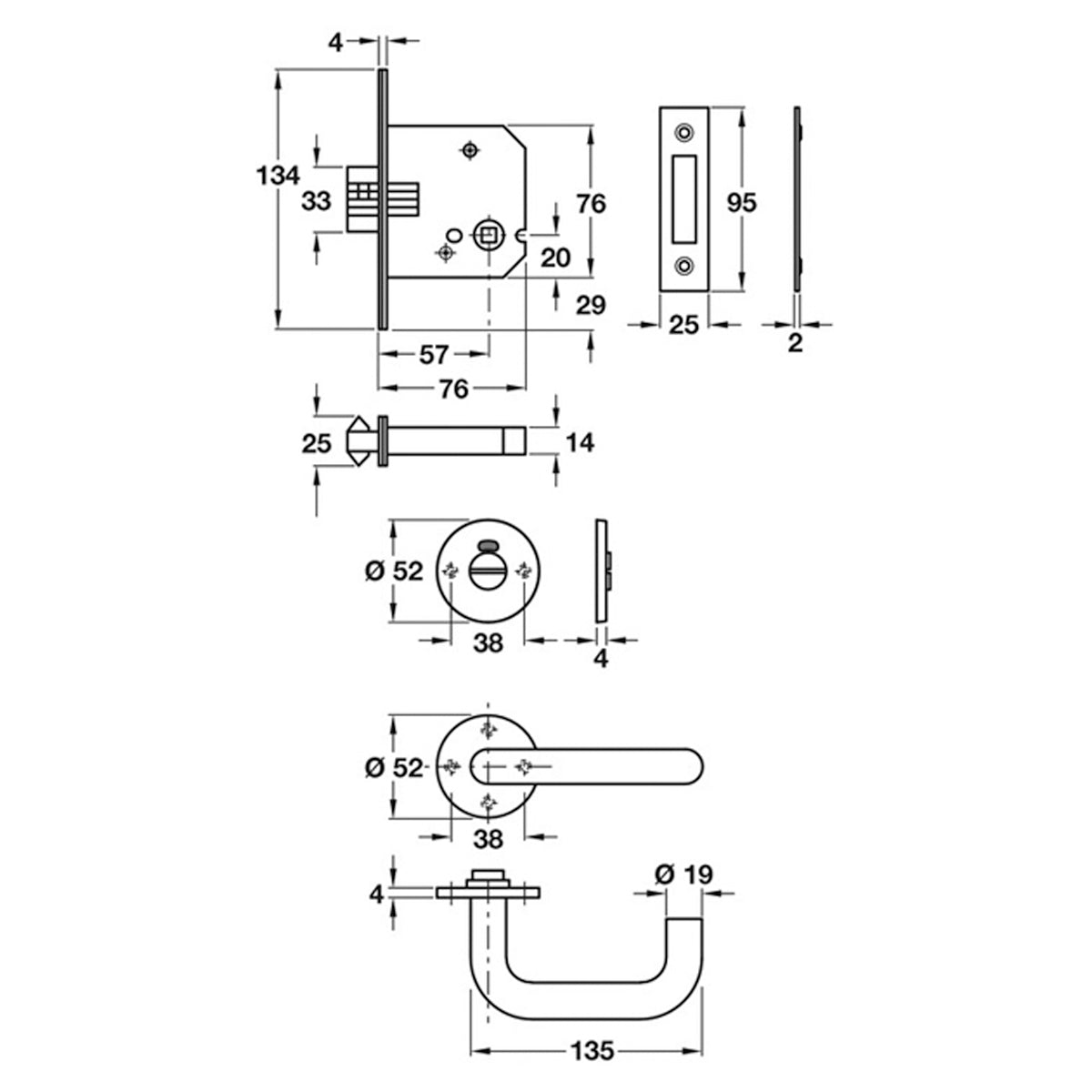 Lever Handle Indicator and Lock Disabled Set Satin Stainless Steel