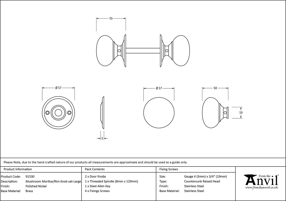 MUSHROOM MORTICE/RIM KNOB 57x55x57 PNP - 91530 by MARCHES (ANVIL) ARCHITECTURAL HARDWARE