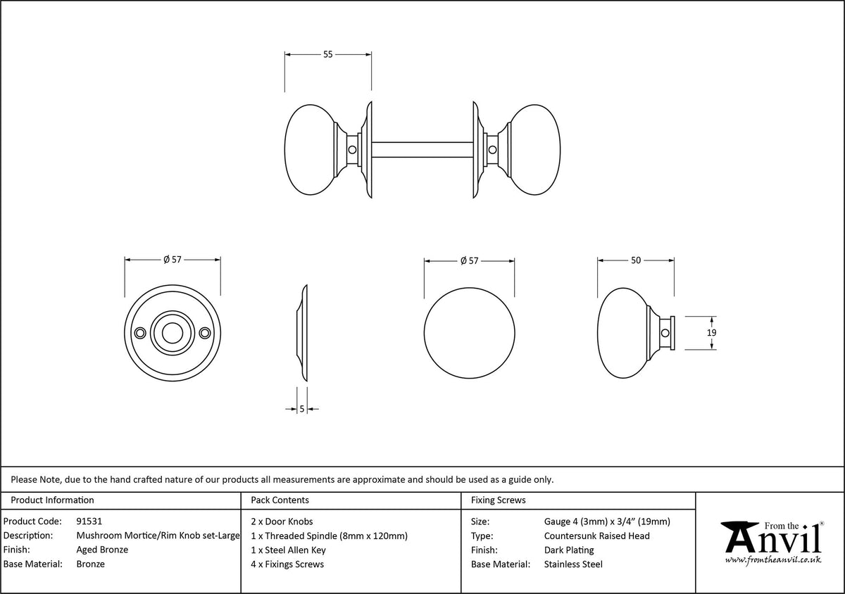 MUSHROOM MORTICE/RIM KNOB 57x55x57 AGBZ - 91531 by MARCHES (ANVIL) ARCHITECTURAL HARDWARE