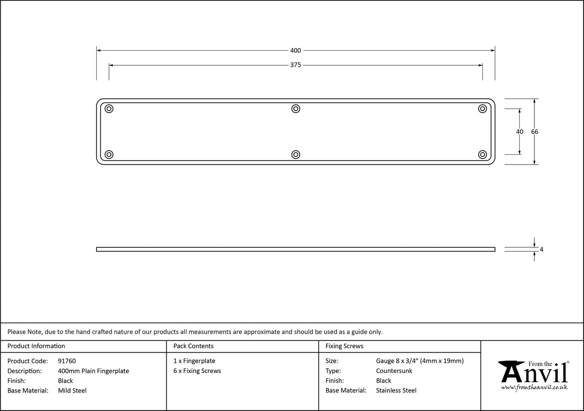PLAIN FINGERPLATE 0400x66x4 BLK - 91760 by MARCHES (ANVIL) ARCHITECTURAL HARDWARE